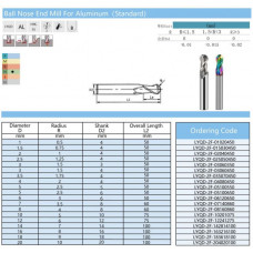 Твердосплавна кінцева сферична фреза LYQD-2F-R=0,5mm-HRC55-1x2x4x50mm